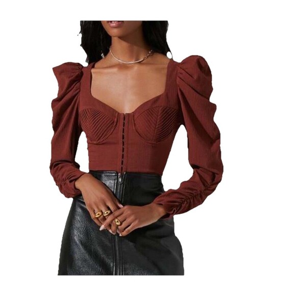 ASTR The Label Quinn Puff Sleeve Corset Top Rust Long Sleeve Size Medium - Picture 1 of 14